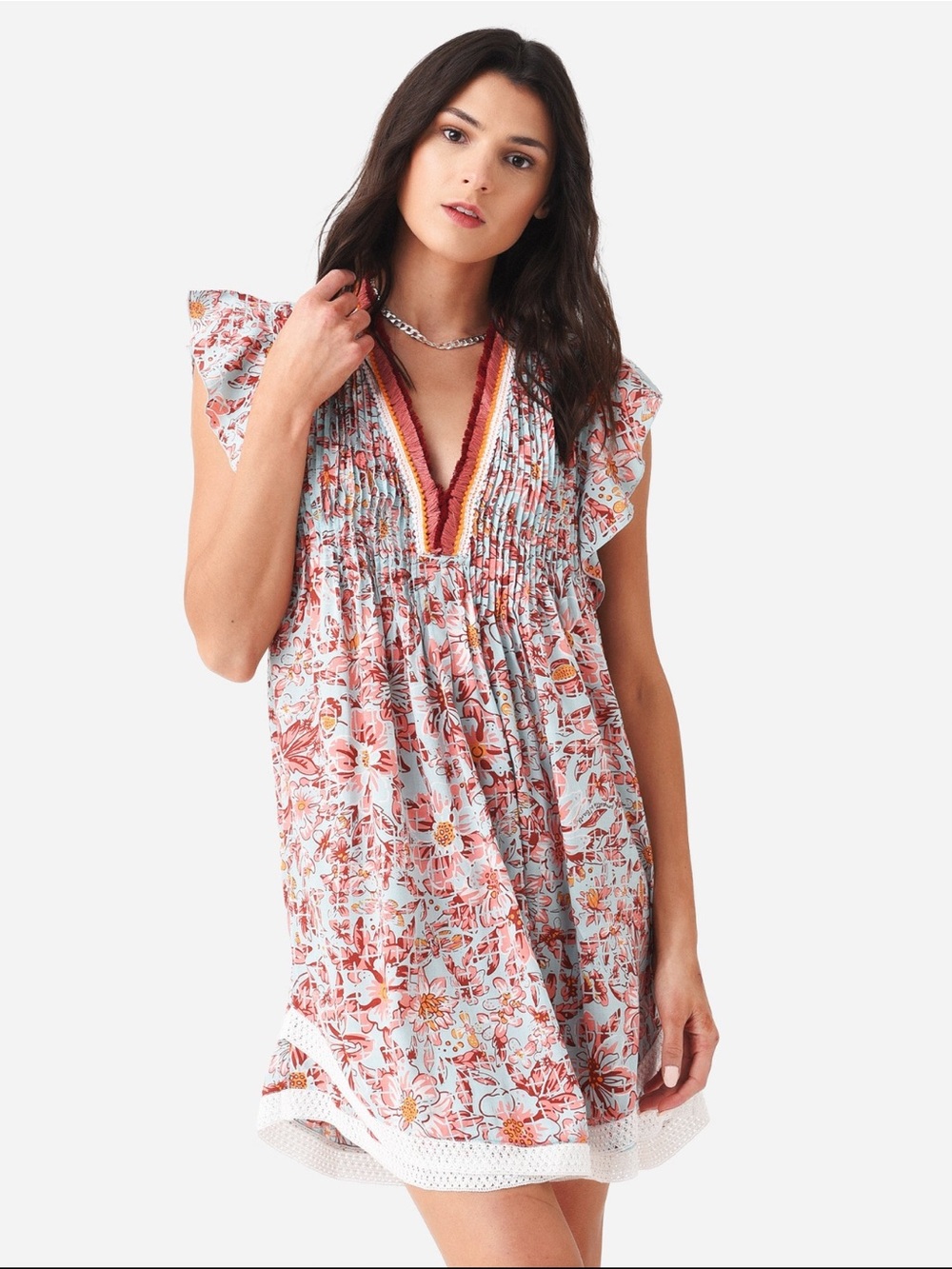 Poupette St. Barth Floral Smocked Swim Coverup in Light Blue and Coral